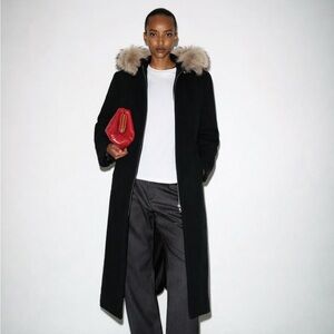 Sandro Black Trench Coat with Racoon Fur Collar